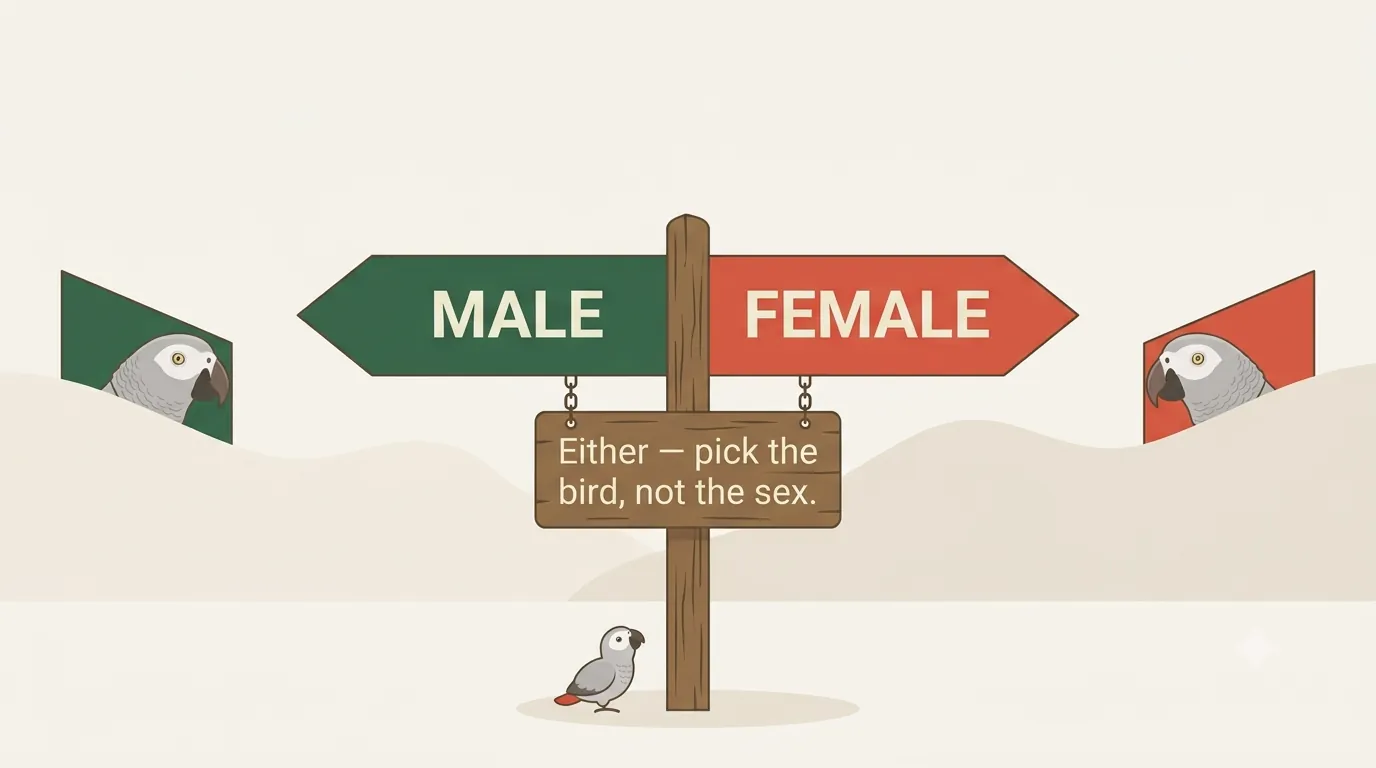 Scorecard infographic rating male and female African Greys 0–10 on talking, temperament, noise, bonding, beginner fit and hormonal ease — the two sexes scoring nearly identically