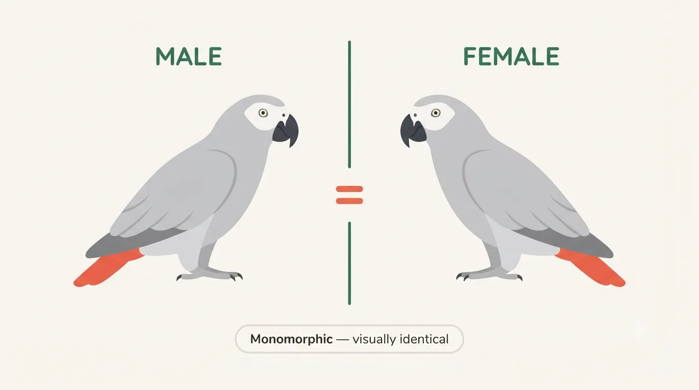 Infographic showing a male and female African Grey in mirror symmetry with an equals sign, illustrating that the sexes are monomorphic and visually identical