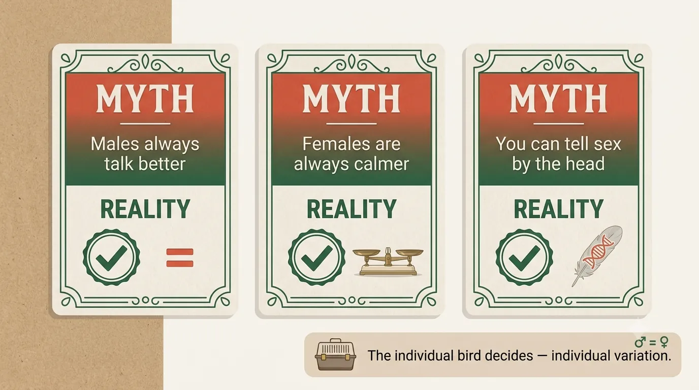 Myth versus reality cards debunking claims that female African Greys are always calmer, that Greys prefer one owner gender, and that males talk better