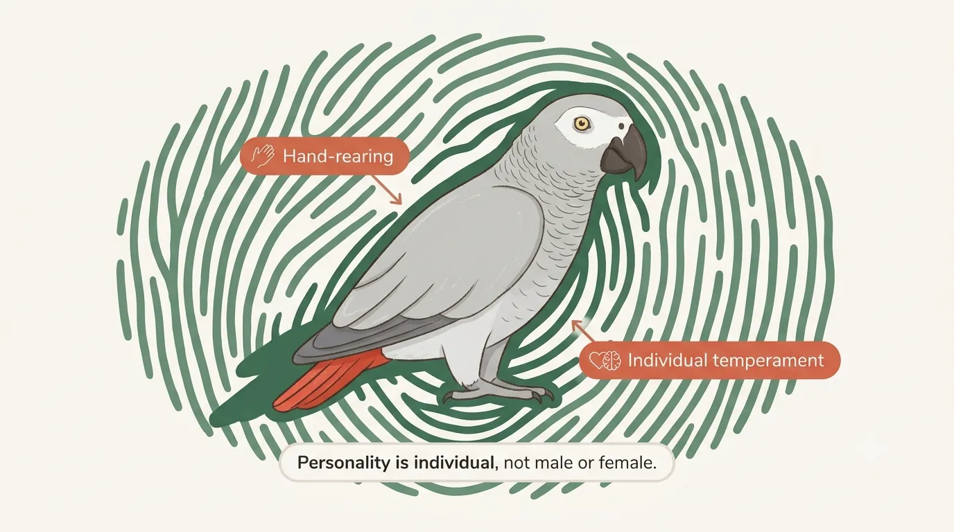 Male vs female African Grey comparison showing identical monomorphic appearance and DNA sexing