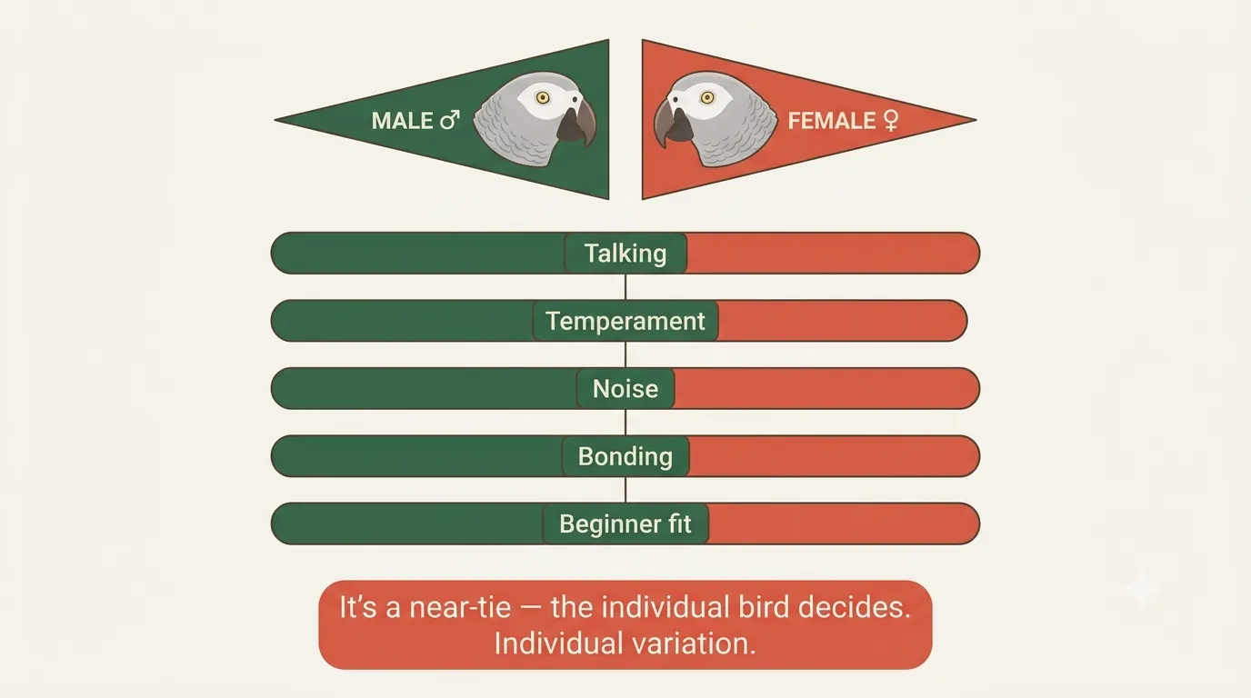 Spotlight infographic of a Timneh African Grey with a DNA-sexed tag, noting that male and female Timnehs also look identical