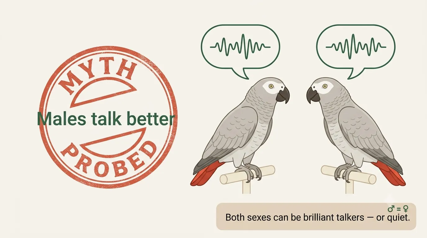 Infographic debunking the myth that male African Greys talk better than females, showing both sexes reach the same vocabulary with equal handling