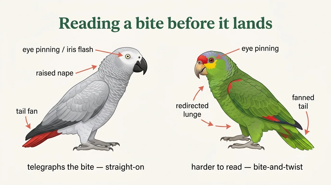 Parrot body-language diagram: how an African Grey telegraphs a bite straight-on versus an Amazon's harder-to-read, redirected bite-and-twist