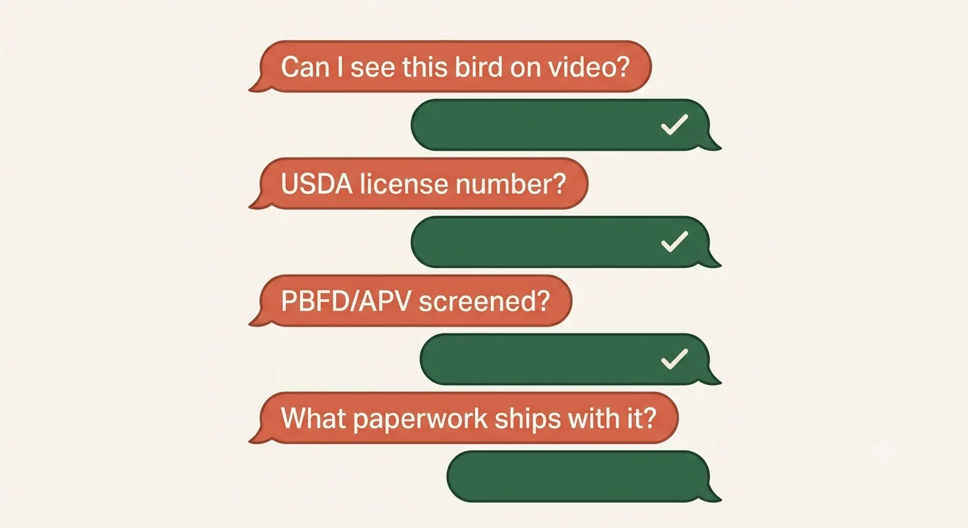 Buyer and breeder speech bubbles showing the questions a legitimate African Grey breeder answers happily