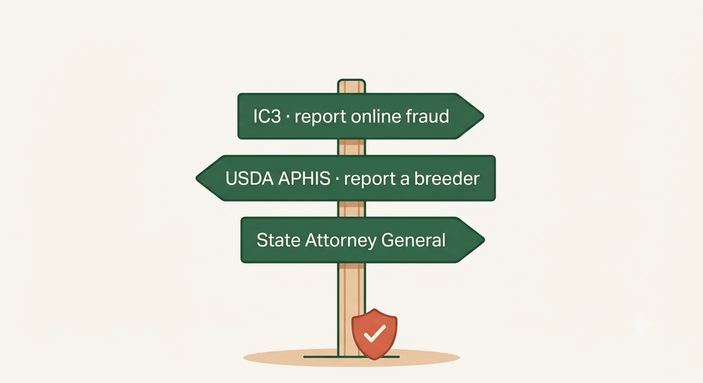 A signpost to three places to report an African Grey scam, the USDA APHIS line, IC3 and a state attorney general