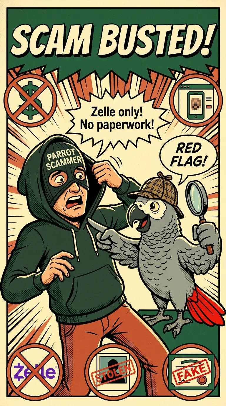 Retro comic book — African Grey parrot detective busts a bird scammer, 'Scam Busted!' banner