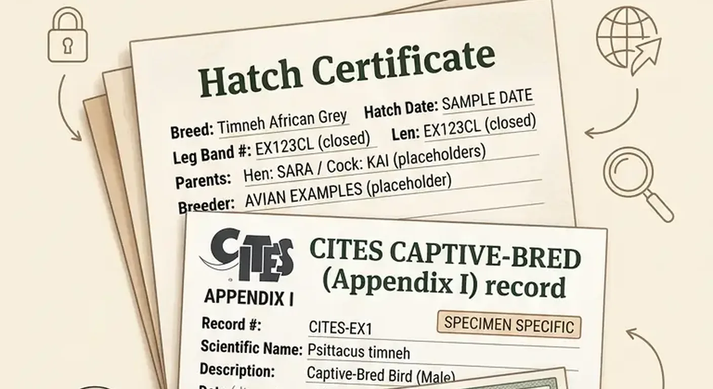 Evie, a CITES-documented Timneh African Grey at C.A.Gs, photographed with the paperwork folder that travels with every bird
