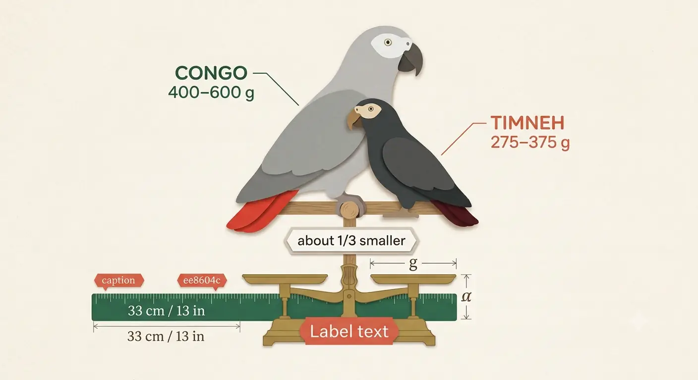 Silhouette chart comparing Timneh African Grey size of 9 to 11 inches and 275 to 375 grams against the larger Congo African Grey