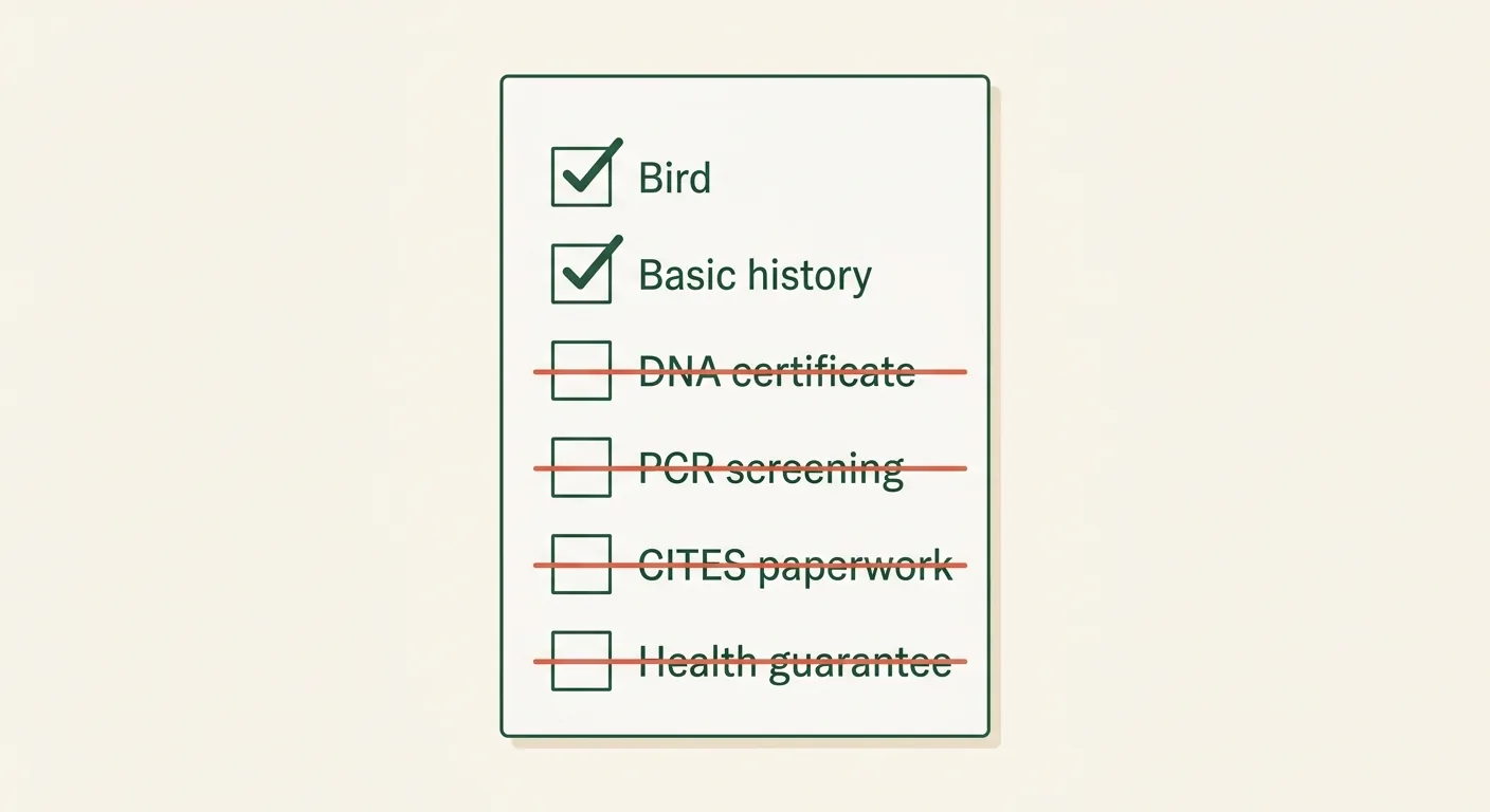 African Grey rescue adoption fee inclusions checked off against the DNA certificate, PCR screening, CITES paperwork and health guarantee it leaves out