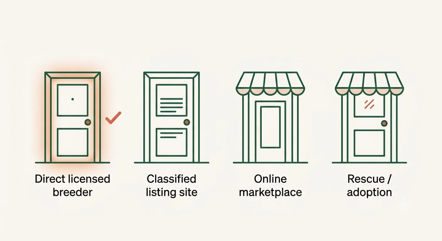 Four buying channels for an African Grey shown as labelled doorways, the direct licensed breeder highlighted as the documented route