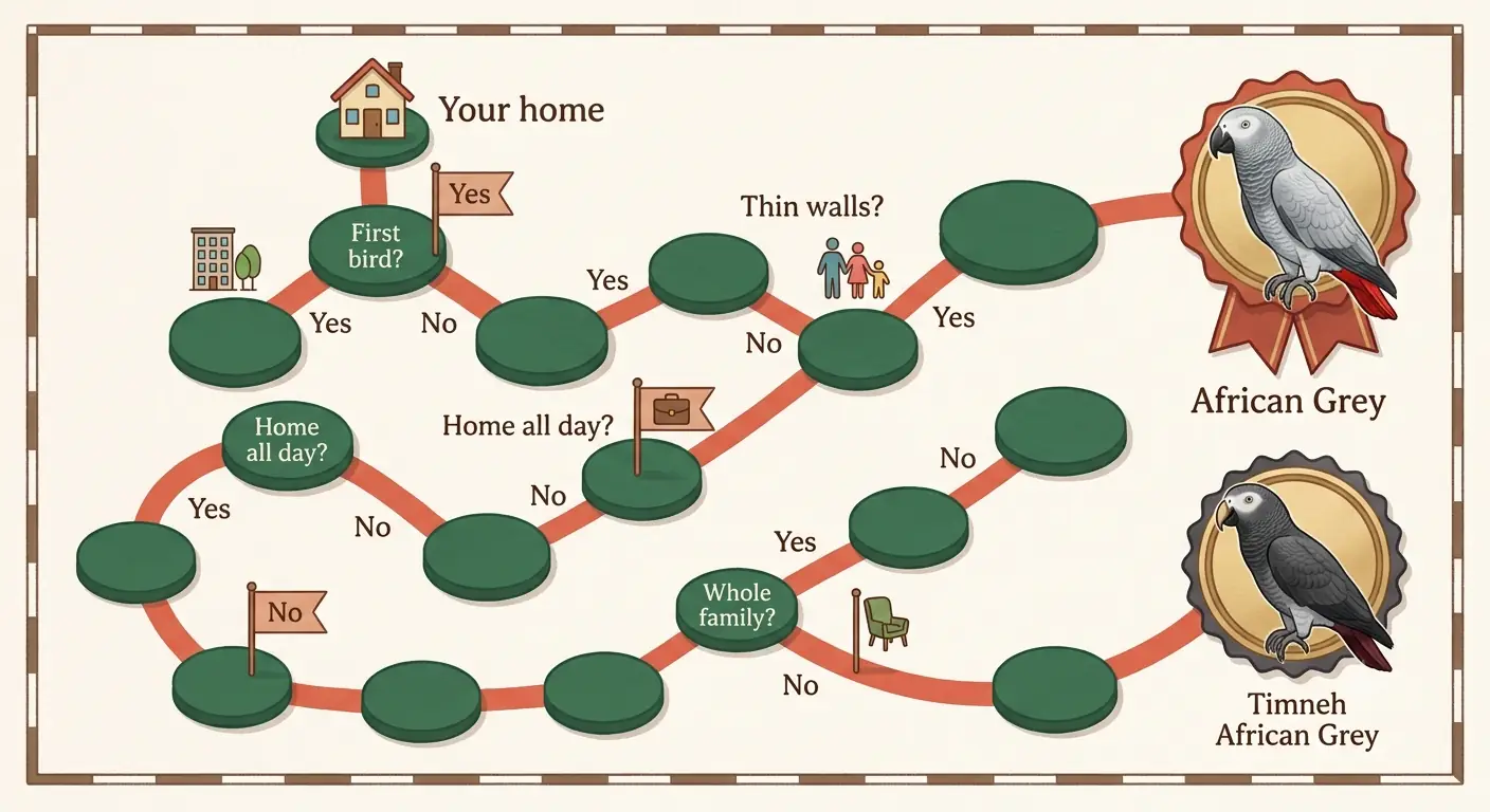 Flowchart matching households to the right African Grey: first-time owners and families toward the Timneh, quiet one-person households toward the Congo