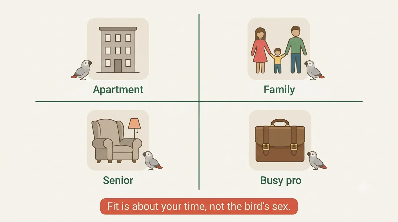 Infographic matching households to a male or female African Grey and showing that for most homes the sex does not change the recommendation — temperament and time do