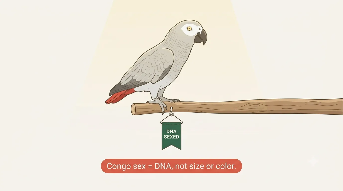 Spot-the-difference infographic of two identical African Greys with an equals sign, showing there is no visible feature that separates the sexes